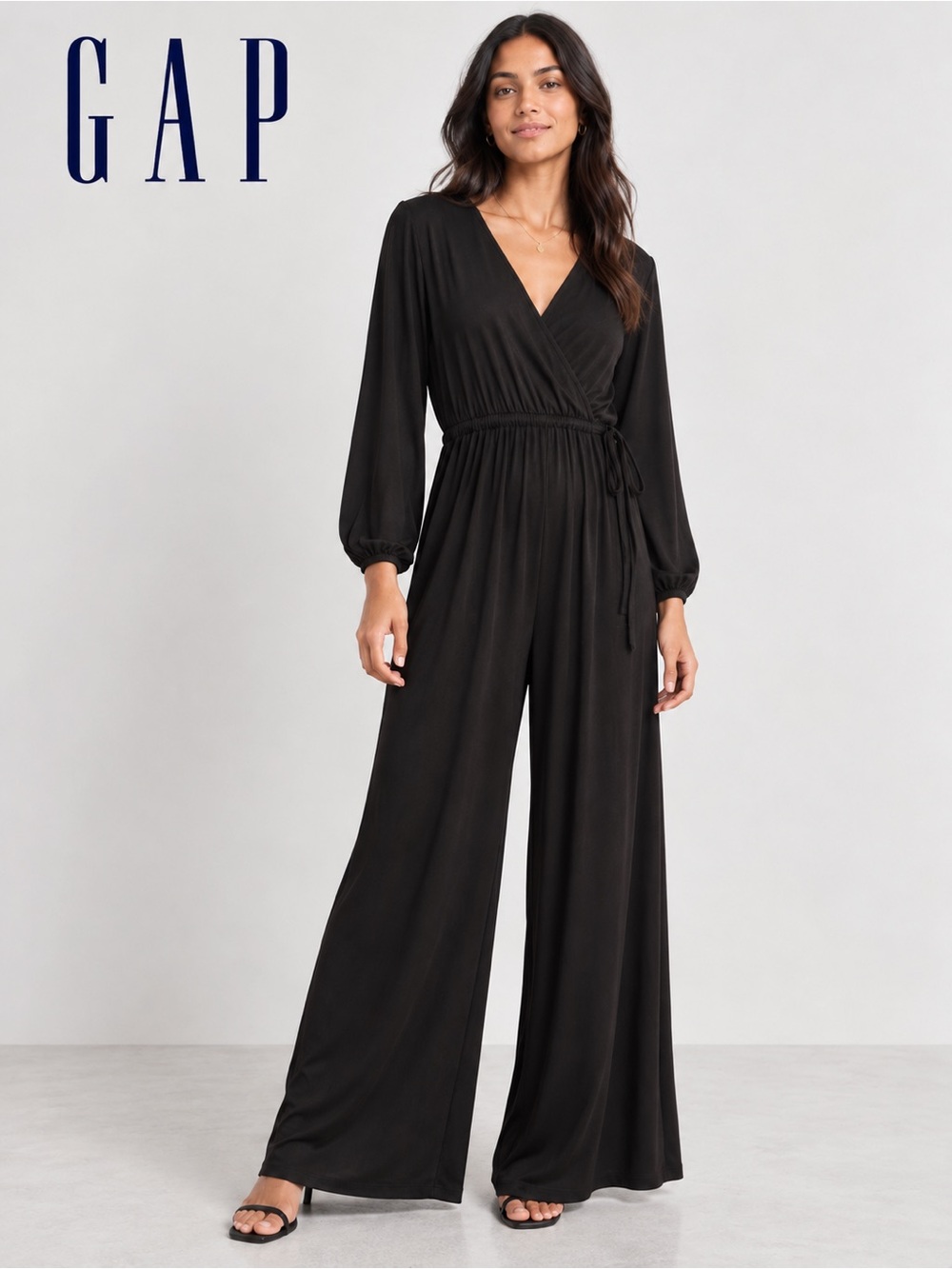 GAP Black Full-Length Jumpsuit Size L – Long Sleeve Wrap Style